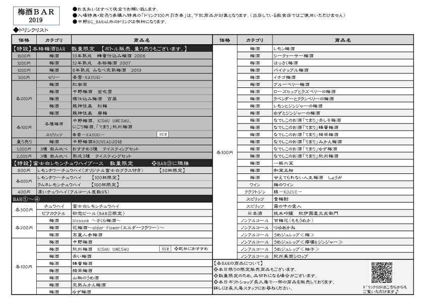 梅酒BAR2019ドリンクリスト